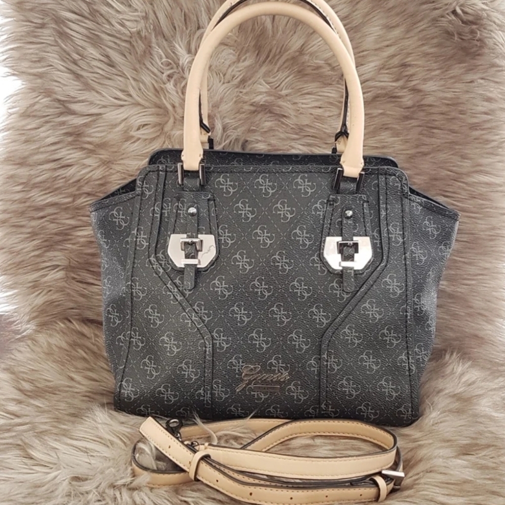 Vtg GUESS Bag, Charcoal Black & Tan Top Handle Monogram Satchel Shoulder Strap,